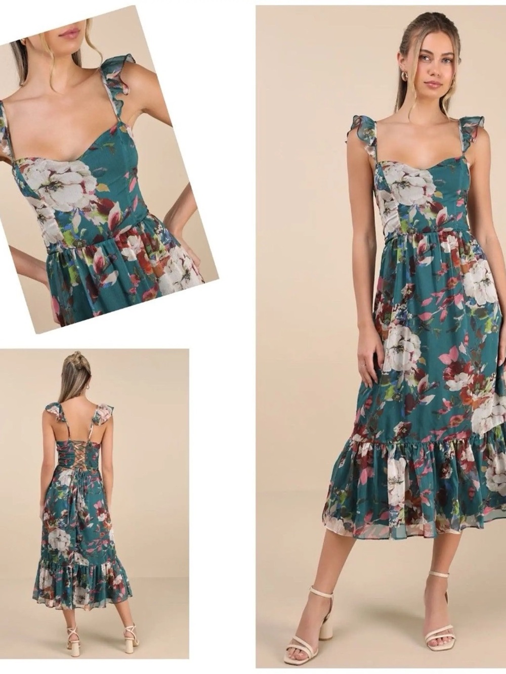 Lulus Jenneth Teal Floral Ruffled Midi Dress Size L NWT
